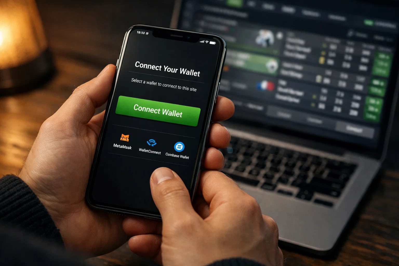 No-KYC lommebok-tilkobling – smarttelefon med krypto-lommebok koblet til bettingplattform