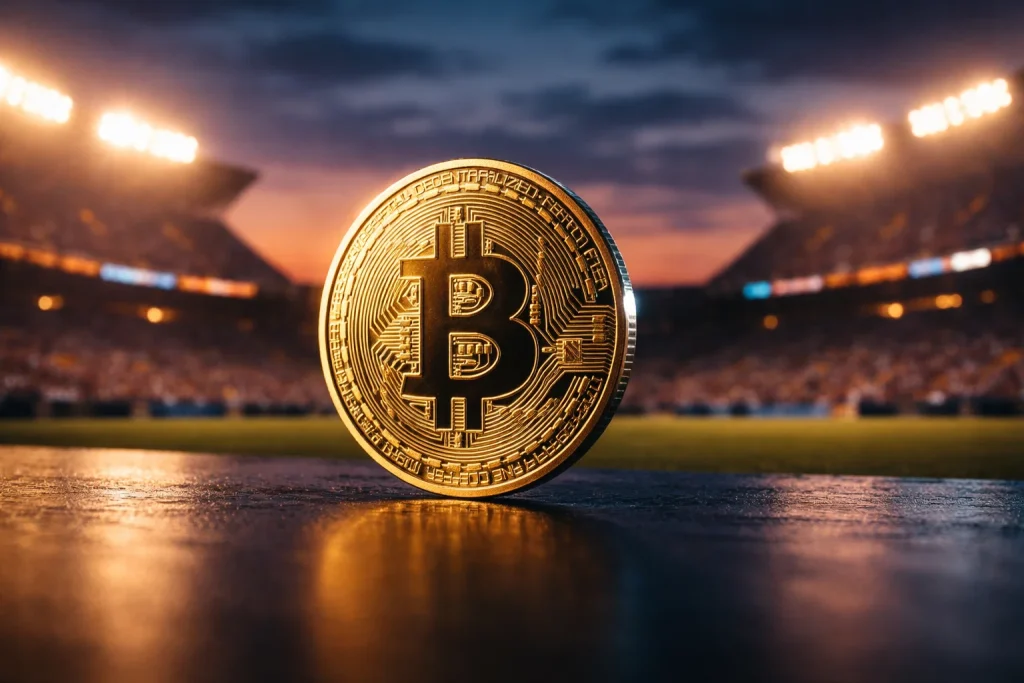 Bitcoin-betting – gullfarget Bitcoin-mynt foran en sportsarena