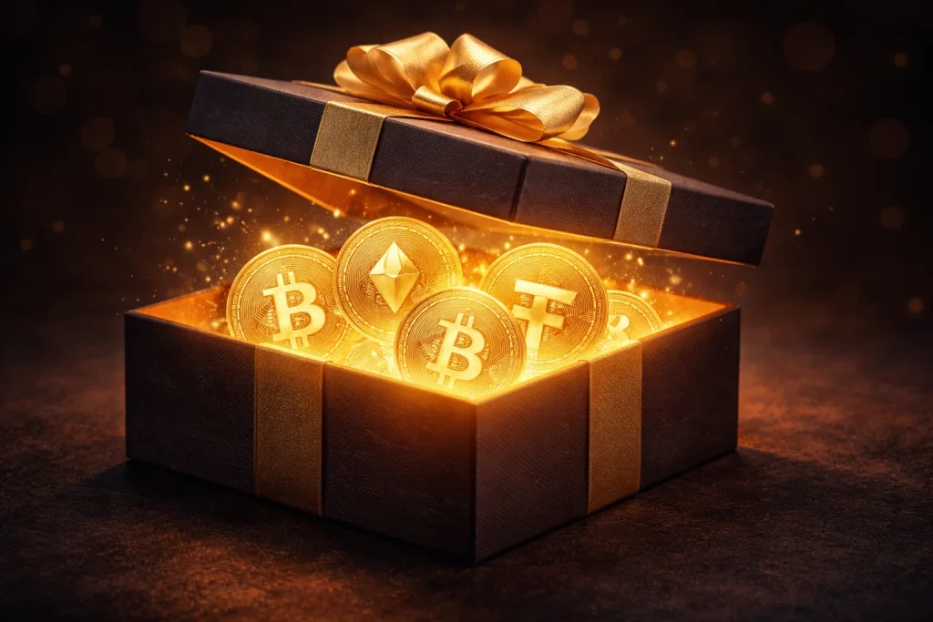 Bonuser på krypto-bettingsider – gaveeske med kryptomynter