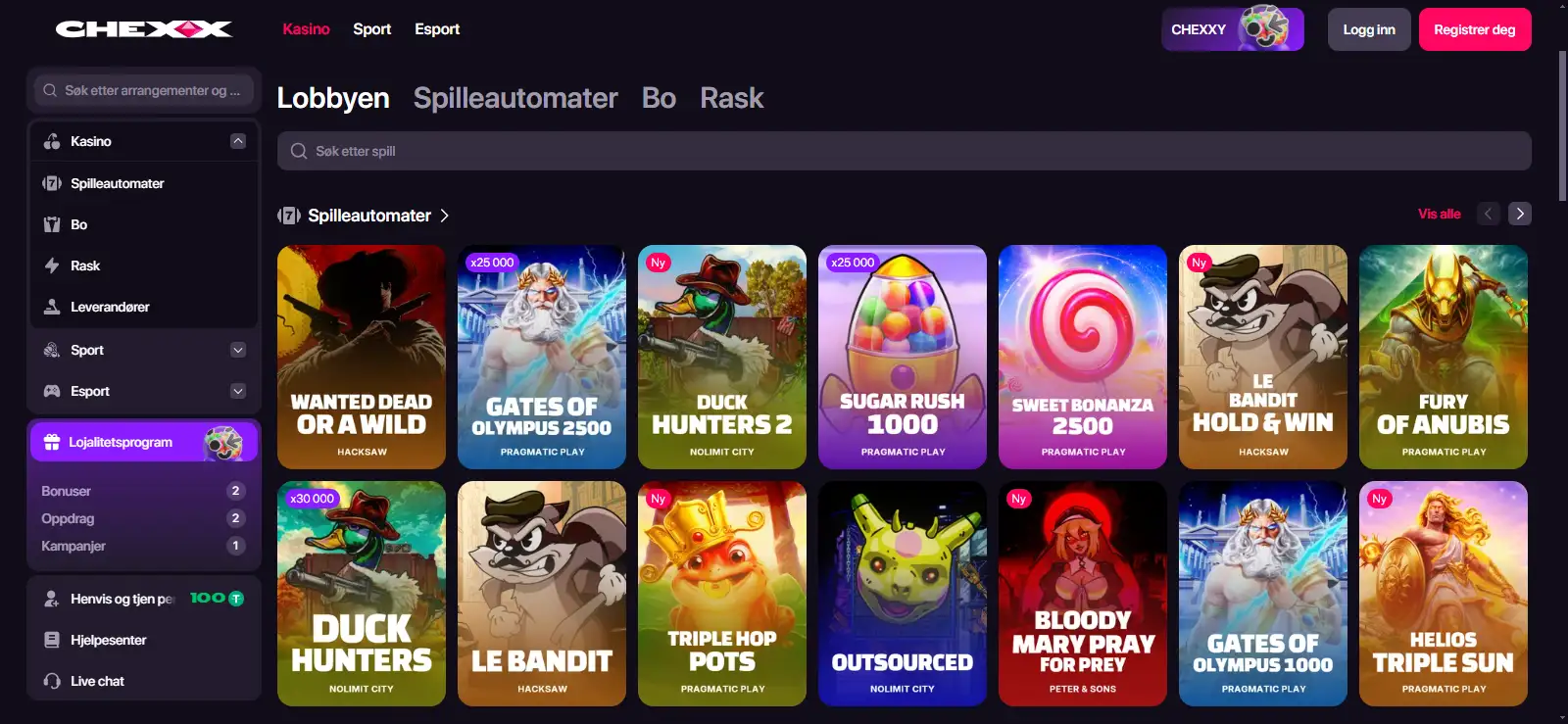 CHEXX-lobby med spillkategorier, spilleautomater og filtreringsvalg