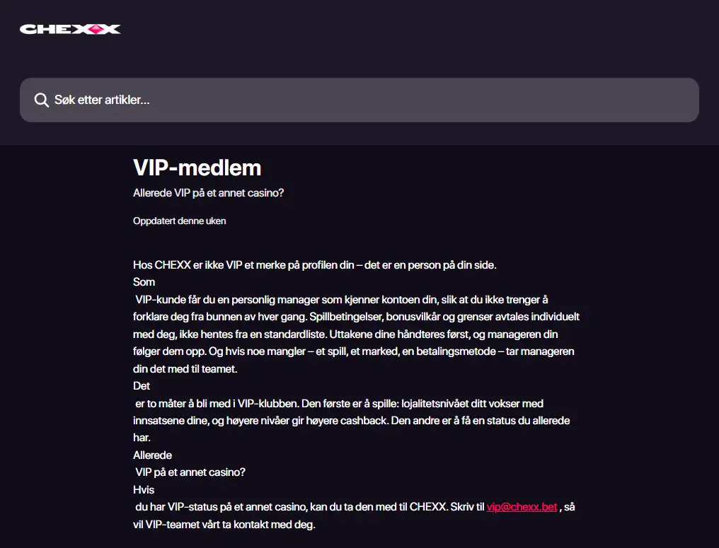 CHEXX VIP-oversikt med nivåer fra Bronze til Obsidian