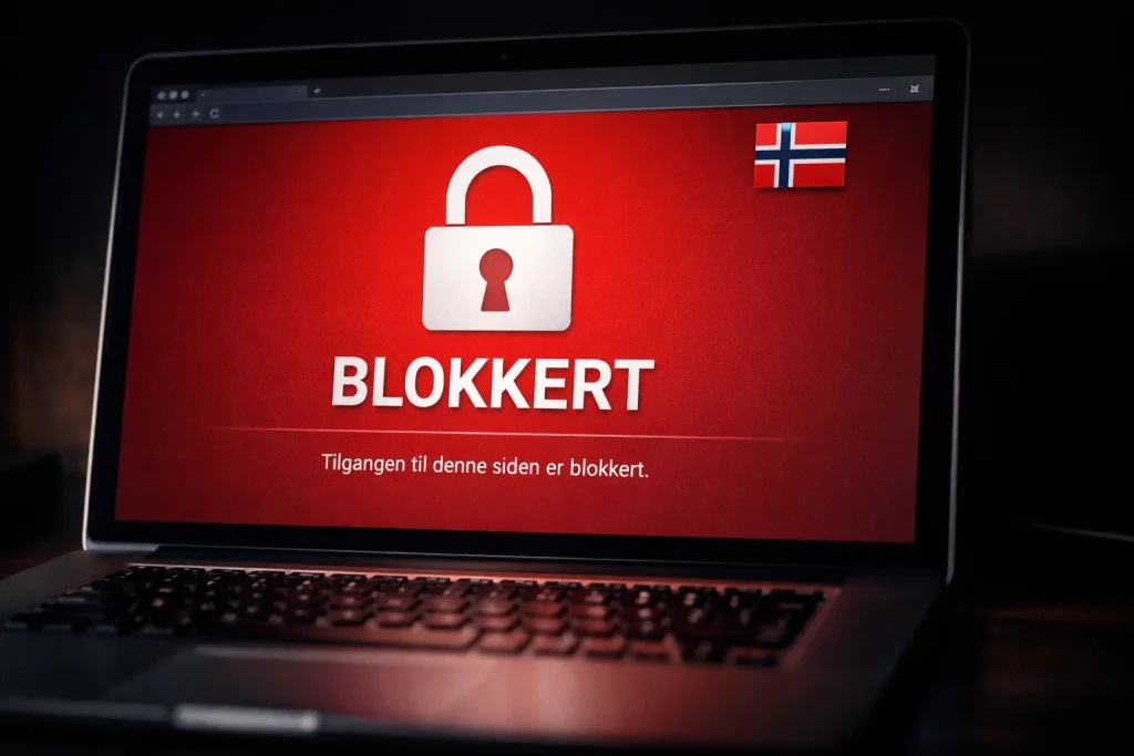 DNS-blokkering i Norge – nettleser med blokkeringsmelding og norsk flagg