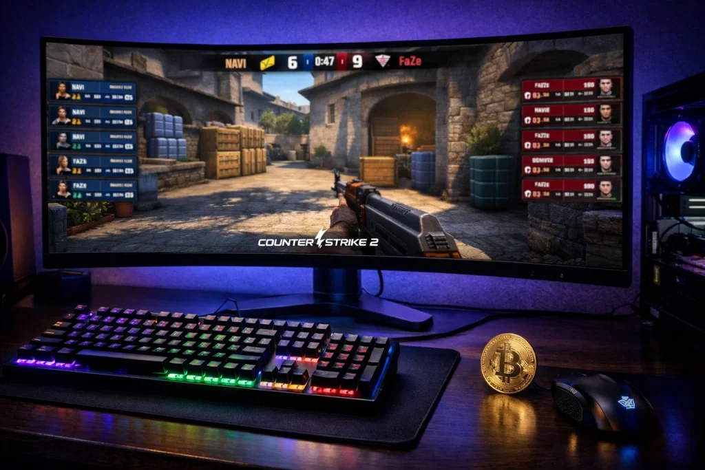 Esports-betting – gamingskjerm med CS2-turnering og kryptomynter