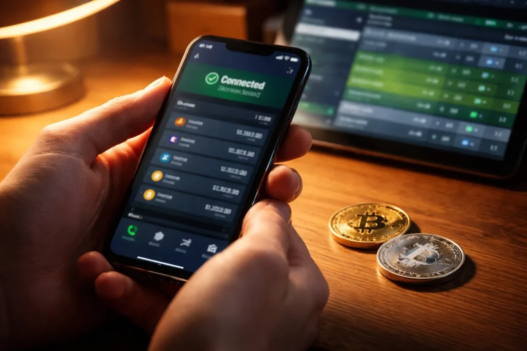 No-KYC betting forklart – smartphone med kryptolommebok og bettingside