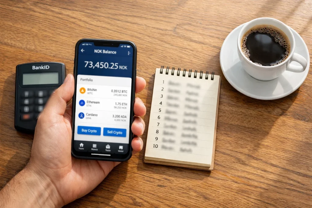 Kjøpe krypto for betting – person med mobiltelefon og norsk bankkort