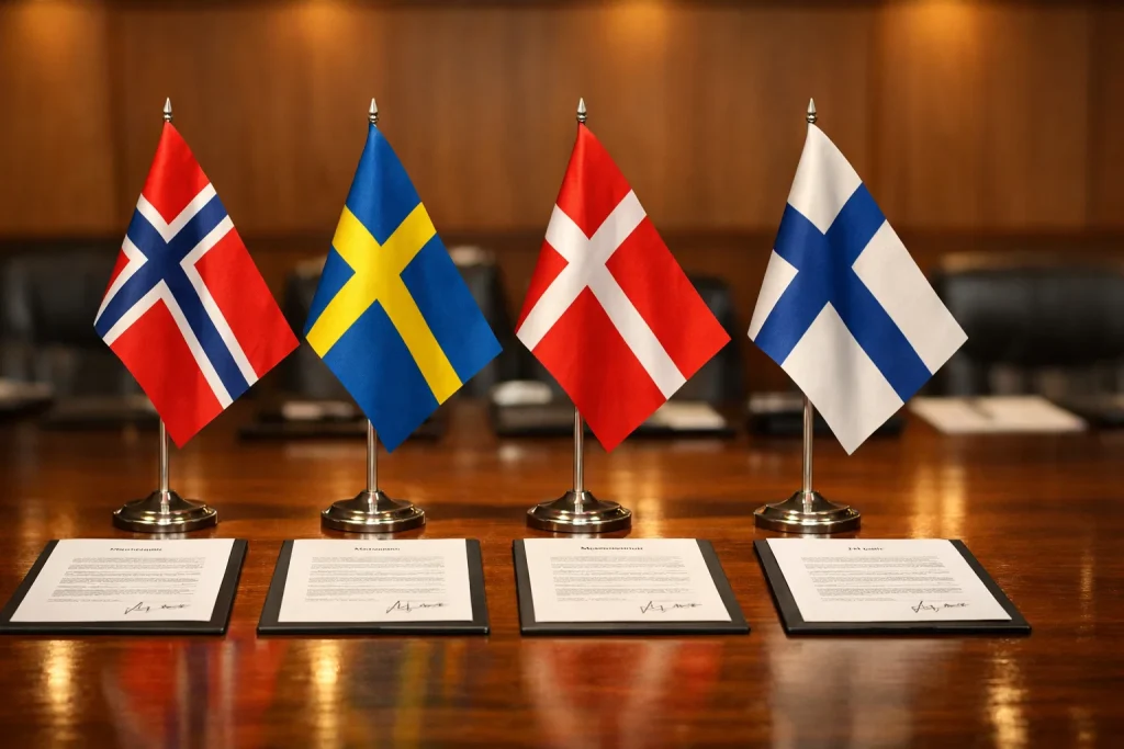 Krypto-betting i Norden – nordiske flagg med gamblingreguleringsdokumenter