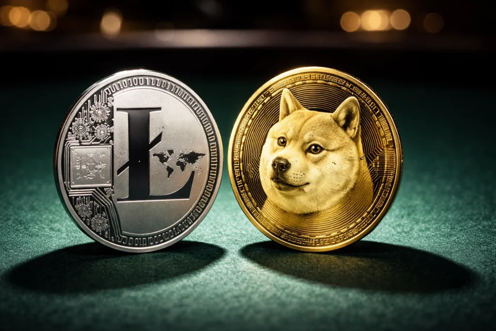 Litecoin og Dogecoin for betting – LTC- og DOGE-mynter på grønt bord