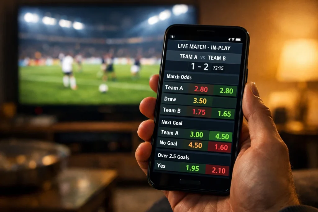 Live krypto-betting – fotballstadion med sanntidsodds på mobil