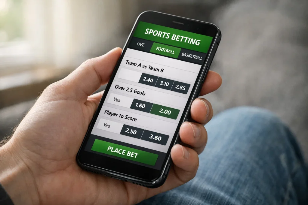 Mobil krypto-betting – hånd med smartphone og bettingside
