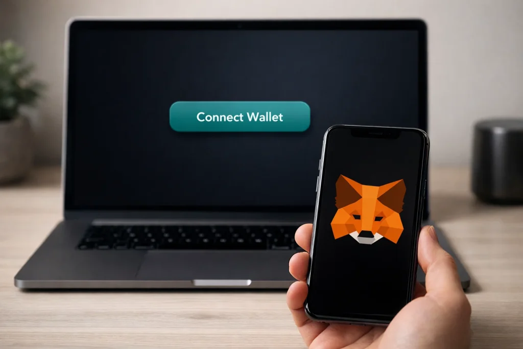 Wallet-only registrering – MetaMask-logo på påloggingsskjerm